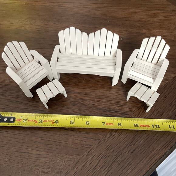 Miniature Adirondack Dollhouse Furniture White Wooden Bench Chairs 5 Piece 1:12 - Picture 2 of 10